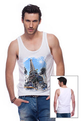 Casual tank top fit original men t-shirt with print in Street Art style. You will enjoy wearing it in summer. The color of tee shirt is white, fabric - Single Jersey 100% Organic ring-spun Combed Cotton 155 GSM. Medium Fit. Brand Urbanik Art. Manufactured in France.