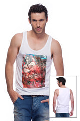 Casual tank top fit original men t-shirt with print in Street Art style. You will enjoy wearing it in summer. The color of tee shirt is white, fabric - Single Jersey 100% Organic ring-spun Combed Cotton 155 GSM. Medium Fit. Brand Urbanik Art. Manufactured in France.