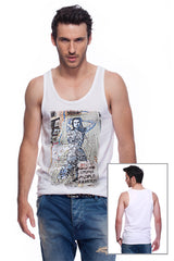 Casual tank top fit original men t-shirt with print in Street Art style. You will enjoy wearing it in summer. The color of tee shirt is white, fabric - Single Jersey 100% Organic ring-spun Combed Cotton 155 GSM. Medium Fit. Brand Urbanik Art. Manufactured in France.