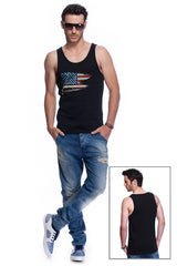 Casual tank top fit original men t-shirt with print in Street Art style. You will enjoy wearing it in summer. The color of tee shirt is black, fabric - Single Jersey 100% Organic ring-spun Combed Cotton 155 GSM. Medium Fit. Brand Urbanik Art. Manufactured in France.