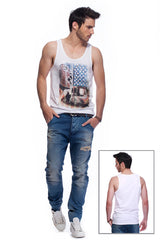 Casual tank top fit original men t-shirt with print in Street Art style. You will enjoy wearing it in summer. The color of tee shirt is white, fabric - Single Jersey 100% Organic ring-spun Combed Cotton 155 GSM. Medium Fit. Brand Urbanik Art. Manufactured in France.