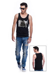 Casual tank top fit original men t-shirt with print in Street Art style. You will enjoy wearing it in summer. The color of tee shirt is black, fabric - Single Jersey 100% Organic ring-spun Combed Cotton 155 GSM. Medium Fit. Brand Urbanik Art. Manufactured in France.