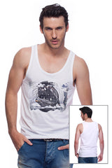 Casual tank top fit original men t-shirt with print in Street Art style. You will enjoy wearing it in summer. The color of tee shirt is white, fabric - Single Jersey 100% Organic ring-spun Combed Cotton 155 GSM. Medium Fit. Brand Urbanik Art. Manufactured in France.