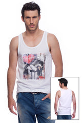 Casual tank top fit original men t-shirt with print in Street Art style. You will enjoy wearing it in summer. The color of tee shirt is white, fabric - Single Jersey 100% Organic ring-spun Combed Cotton 155 GSM. Medium Fit. Brand Urbanik Art. Manufactured in France.