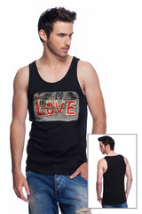 Casual tank top fit original men t-shirt with print in Street Art style. You will enjoy wearing it in summer. The color of tee shirt is black, fabric - Single Jersey 100% Organic ring-spun Combed Cotton 155 GSM. Medium Fit. Brand Urbanik Art. Manufactured in France.