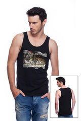 Casual tank top fit original men t-shirt with print in Street Art style. You will enjoy wearing it in summer. The color of tee shirt is black, fabric - Single Jersey 100% Organic ring-spun Combed Cotton 155 GSM. Medium Fit. Brand Urbanik Art. Manufactured in France.