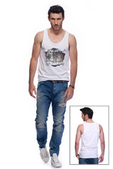 Casual tank top fit original men t-shirt with print in Street Art style. You will enjoy wearing it in summer. The color of tee shirt is white, fabric - Single Jersey 100% Organic ring-spun Combed Cotton 155 GSM. Medium Fit. Brand Urbanik Art. Manufactured in France.