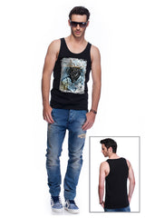 Casual tank top fit original men t-shirt with print in Street Art style. You will enjoy wearing it in summer. The color of tee shirt is black, fabric - Single Jersey 100% Organic ring-spun Combed Cotton 155 GSM. Medium Fit. Brand Urbanik Art. Manufactured in France.