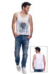 Casual tank top fit original men t-shirt with print in Street Art style. You will enjoy wearing it in summer. The color of tee shirt is white, fabric - Single Jersey 100% Organic ring-spun Combed Cotton 155 GSM. Medium Fit. Brand Urbanik Art. Manufactured in France.