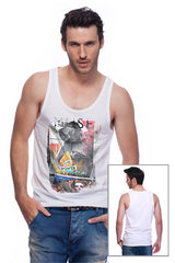 Casual tank top fit original men t-shirt with print in Street Art style. You will enjoy wearing it in summer. The color of tee shirt is white, fabric - Single Jersey 100% Organic ring-spun Combed Cotton 155 GSM. Medium Fit. Brand Urbanik Art. Manufactured in France.