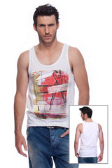 Casual tank top fit original men t-shirt with print in Street Art style. You will enjoy wearing it in summer. The color of tee shirt is white, fabric - Single Jersey 100% Organic ring-spun Combed Cotton 155 GSM. Medium Fit. Brand Urbanik Art. Manufactured in France.