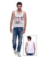 Casual tank top fit original men t-shirt with print in Street Art style. You will enjoy wearing it in summer. The color of tee shirt is white, fabric - Single Jersey 100% Organic ring-spun Combed Cotton 155 GSM. Medium Fit. Brand Urbanik Art. Manufactured in France.