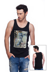 Casual tank top fit original men t-shirt with print in Street Art style. You will enjoy wearing it in summer. The color of tee shirt is black, fabric - Single Jersey 100% Organic ring-spun Combed Cotton 155 GSM. Medium Fit. Brand Urbanik Art. Manufactured in France.