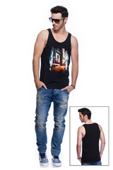 Casual tank top fit original men t-shirt with print in Street Art style. You will enjoy wearing it in summer. The color of tee shirt is black, fabric - Single Jersey 100% Organic ring-spun Combed Cotton 155 GSM. Medium Fit. Brand Urbanik Art. Manufactured in France.