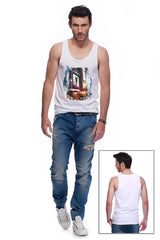 Casual tank top fit original men t-shirt with print in Street Art style. You will enjoy wearing it in summer. The color of tee shirt is white, fabric - Single Jersey 100% Organic ring-spun Combed Cotton 155 GSM. Medium Fit. Brand Urbanik Art. Manufactured in France.