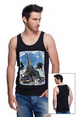 Casual tank top fit original men t-shirt with print in Street Art style. You will enjoy wearing it in summer. The color of tee shirt is black, fabric - Single Jersey 100% Organic ring-spun Combed Cotton 155 GSM. Medium Fit. Brand Urbanik Art. Manufactured in France.