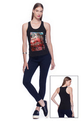 Deep round neck original women t-shirt with print in Street Art style. You will enjoy wearing it in summer. The color of tee shirt is black, fabric - Single Jersey 100% Organic ring-spun Combed Cotton 120 GSM. Medium Fit. Brand Urbanik Art. Manufactured in France.