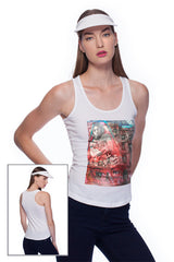 Deep round neck original women t-shirt with print in Street Art style. You will enjoy wearing it in summer. The color of tee shirt is white, fabric - Single Jersey 100% Organic ring-spun Combed Cotton 120 GSM. Medium Fit. Brand Urbanik Art. Manufactured in France.