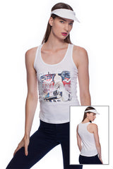 Deep round neck original women t-shirt with print in Street Art style. You will enjoy wearing it in summer. The color of tee shirt is white, fabric - Single Jersey 100% Organic ring-spun Combed Cotton 120 GSM. Medium Fit. Brand Urbanik Art. Manufactured in France.