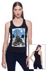 Deep round neck original women t-shirt with print in Street Art style. You will enjoy wearing it in summer. The color of tee shirt is black, fabric - Single Jersey 100% Organic ring-spun Combed Cotton 120 GSM. Medium Fit. Brand Urbanik Art. Manufactured in France.