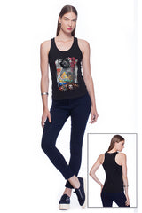 Deep round neck original women t-shirt with print in Street Art style. You will enjoy wearing it in summer. The color of tee shirt is black, fabric - Single Jersey 100% Organic ring-spun Combed Cotton 120 GSM. Medium Fit. Brand Urbanik Art. Manufactured in France.