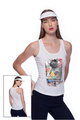 Deep round neck original women t-shirt with print in Street Art style. You will enjoy wearing it in summer. The color of tee shirt is white, fabric - Single Jersey 100% Organic ring-spun Combed Cotton 120 GSM. Medium Fit. Brand Urbanik Art. Manufactured in France.