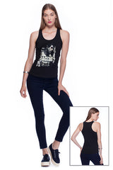 Deep round neck original women t-shirt with print in Street Art style. You will enjoy wearing it in summer. The color of tee shirt is black, fabric - Single Jersey 100% Organic ring-spun Combed Cotton 120 GSM. Medium Fit. Brand Urbanik Art. Manufactured in France.