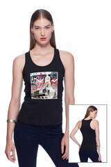 Deep round neck original women t-shirt with print in Street Art style. You will enjoy wearing it in summer. The color of tee shirt is black, fabric - Single Jersey 100% Organic ring-spun Combed Cotton 120 GSM. Medium Fit. Brand Urbanik Art. Manufactured in France.