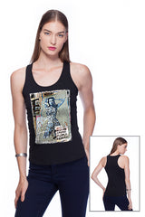 Deep round neck original women t-shirt with print in Street Art style. You will enjoy wearing it in summer. The color of tee shirt is black, fabric - Single Jersey 100% Organic ring-spun Combed Cotton 120 GSM. Medium Fit. Brand Urbanik Art. Manufactured in France.