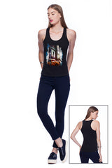 Deep round neck original women t-shirt with print in Street Art style. You will enjoy wearing it in summer. The color of tee shirt is black, fabric - Single Jersey 100% Organic ring-spun Combed Cotton 120 GSM. Medium Fit. Brand Urbanik Art. Manufactured in France.