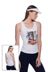 Deep round neck original women t-shirt with print in Street Art style. You will enjoy wearing it in summer. The color of tee shirt is white, fabric - Single Jersey 100% Organic ring-spun Combed Cotton 120 GSM. Medium Fit. Brand Urbanik Art. Manufactured in France.