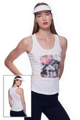 Deep round neck original women t-shirt with print in Street Art style. You will enjoy wearing it in summer. The color of tee shirt is white, fabric - Single Jersey 100% Organic ring-spun Combed Cotton 120 GSM. Medium Fit. Brand Urbanik Art. Manufactured in France.