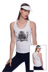 Deep round neck original women t-shirt with print in Street Art style. You will enjoy wearing it in summer. The color of tee shirt is white, fabric - Single Jersey 100% Organic ring-spun Combed Cotton 120 GSM. Medium Fit. Brand Urbanik Art. Manufactured in France.