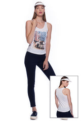 Original deep round neck women t-shirt with print in Street Art style. Brand Urbanik Art. The color of tee shirt is white, fabric - Single Jersey 100% Organic ring-spun Combed Cotton 120 GSM. Medium Fit. Manufactured in France