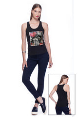 Deep round neck original women t-shirt with print in Street Art style. You will enjoy wearing it in summer. The color of tee shirt is black, fabric - Single Jersey 100% Organic ring-spun Combed Cotton 120 GSM. Medium Fit. Brand Urbanik Art. Manufactured in France.