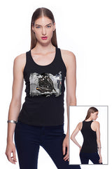 Deep round neck original women t-shirt with print in Street Art style. You will enjoy wearing it in summer. The color of tee shirt is black, fabric - Single Jersey 100% Organic ring-spun Combed Cotton 120 GSM. Medium Fit. Brand Urbanik Art. Manufactured in France.