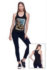 Deep round neck original women t-shirt with print in Street Art style. You will enjoy wearing it in summer. The color of tee shirt is black, fabric - Single Jersey 100% Organic ring-spun Combed Cotton 120 GSM. Medium Fit. Brand Urbanik Art. Manufactured in France.